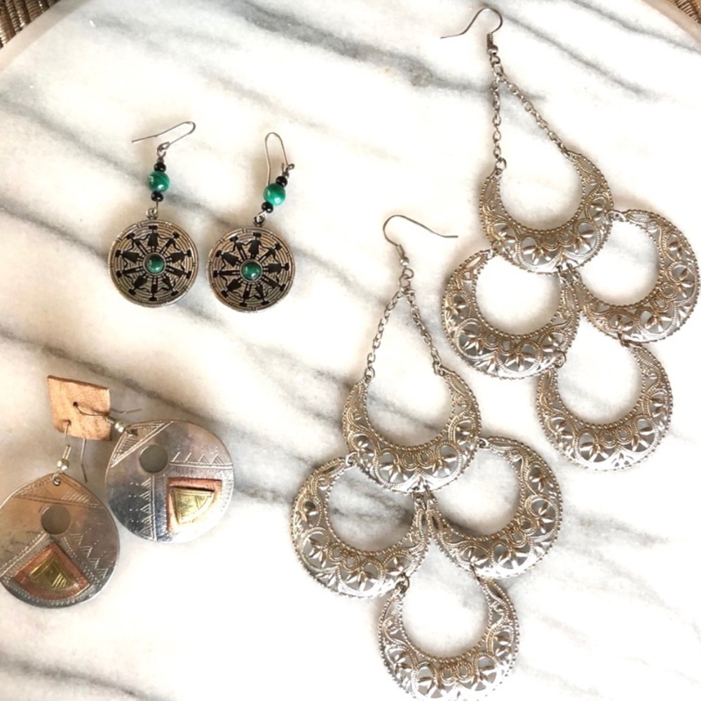 Silver tone earrings 3 pairs southwestern tribal  green brass copper accents